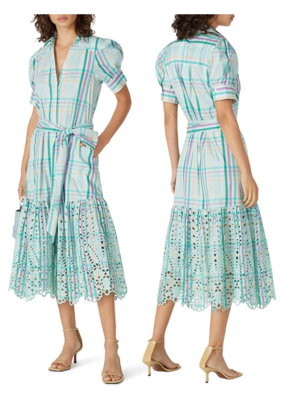 Tanya Taylor Plaid Print Midi Length Dress w Eyelet Lace Detail. Size 8. - Picture 5 of 6
